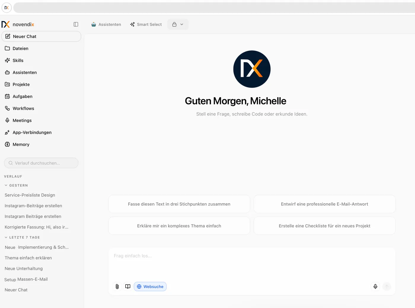 Oberfläche der novendix.AI-Plattform